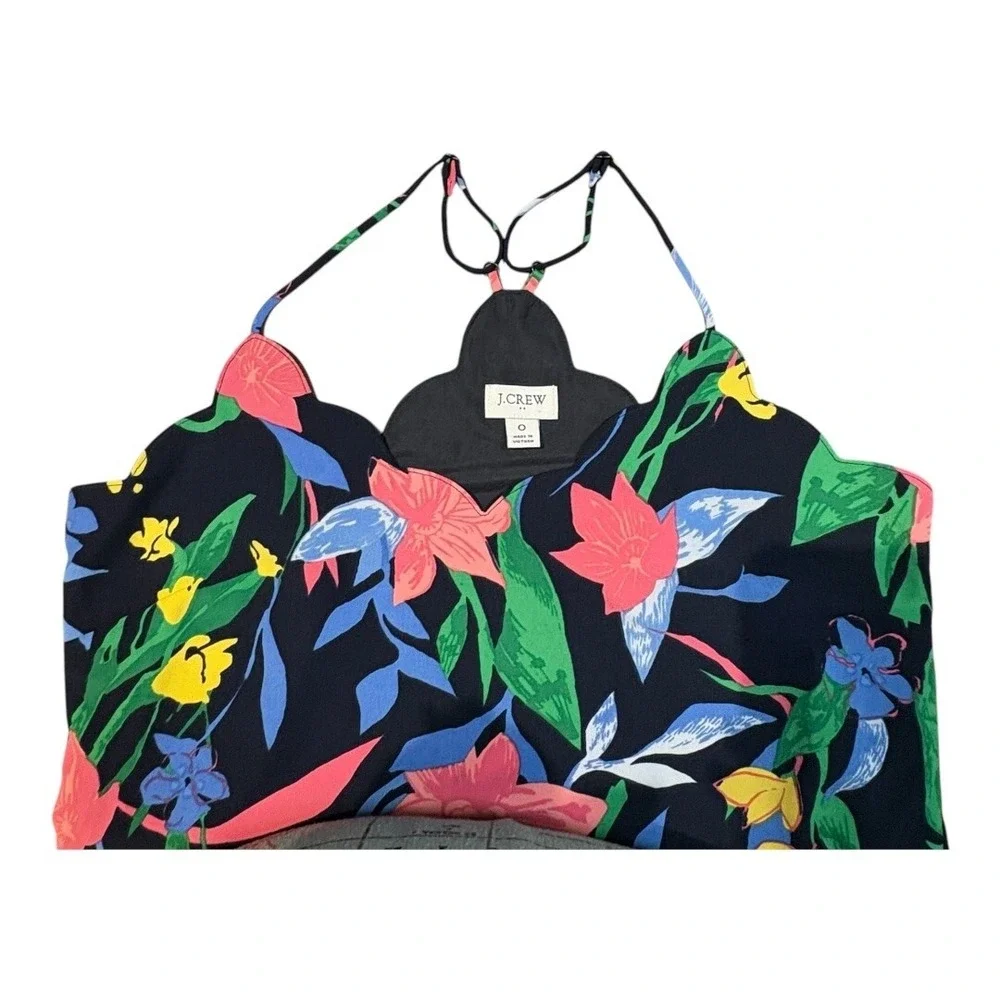 J.Crew Scalloped Floral Cami‎ Women 0 Black Pink Blue Tropical Summer Tank Top